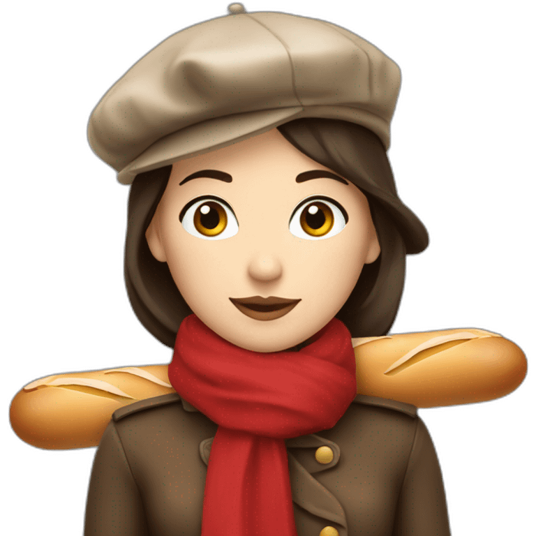 a french brunette girl with a beret, a red scarf and a baguette. emoji