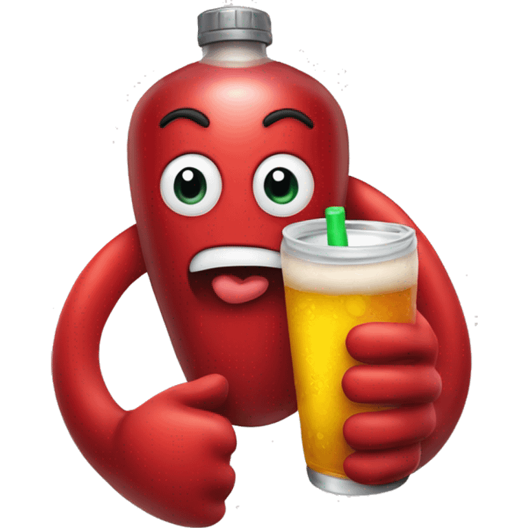 A red heart ❤️ with eyes, a mouth, and hands, looking drunk, holding a drink bottle, with a wobbly and tipsy expression. emoji