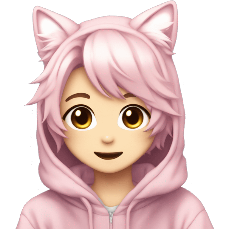 Cute Kawaii Beautiful Gorgeous Sparkly Shiny Blushing Anime Style Shojo Catboy With Pretty Hair And Hoodie Trendy Style Outside emoji