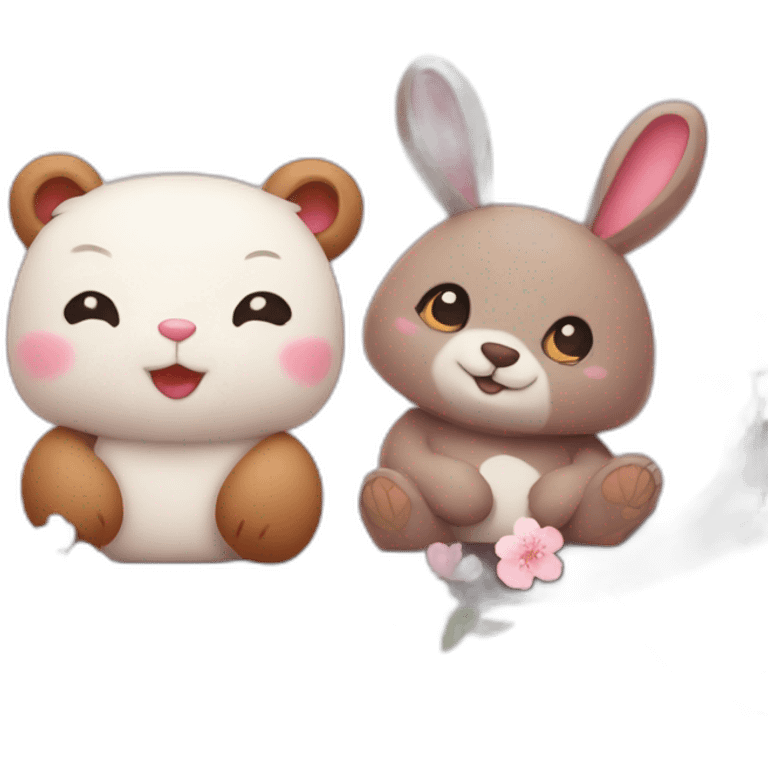 bunny and bear in love with cherry blossoms emoji