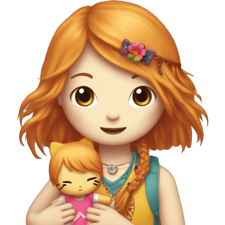 hello kitty giving a ginger hippie girl with a fringe a hug  emoji