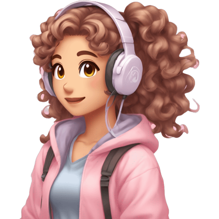 TAN SKIN GAMER GIRL WITH LONG BROWN CURLY HAIR gamingheadset pink kawaii gamer shiny blushing cute kawaii pastel anime trending style pink gaming headset gamergirl pastelcore emoji