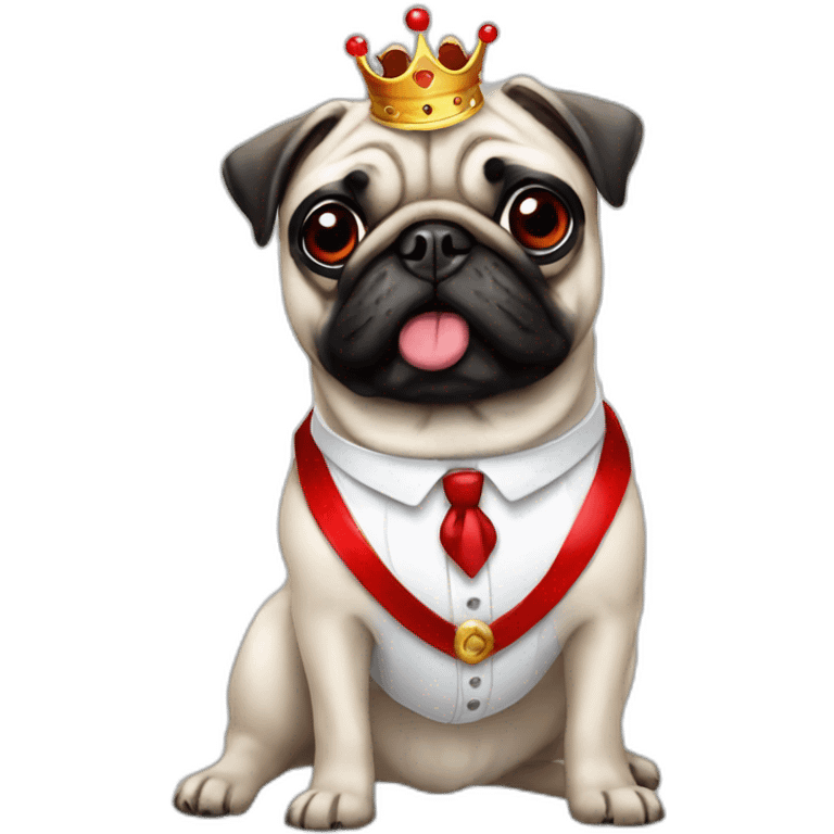 A dog (pug) with a crown in a white suit and a red bow an black braces emoji