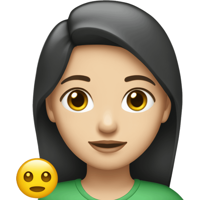 Uma menina branca com cabelos castanhos claros, olhos verdes, e blusa preta de gola alta emoji