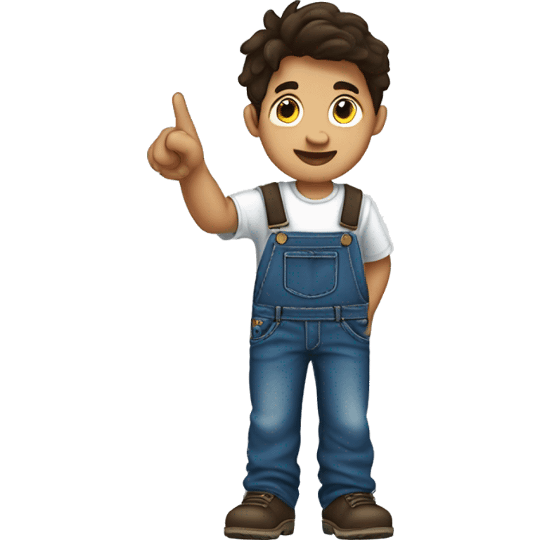 boy pointing to the sky, dark brown wavy hair, wearing blue jeans overalls and white shirt. half body. from behind emoji