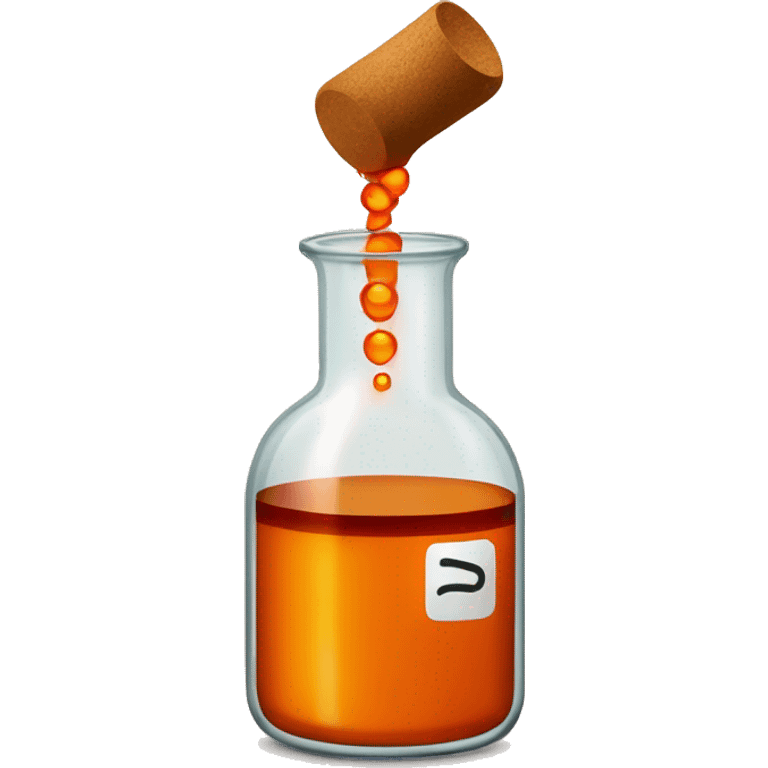 Redish Brown Bromine with an orange aroma in a circular beaker with a tan cork in the top of the beaker emoji