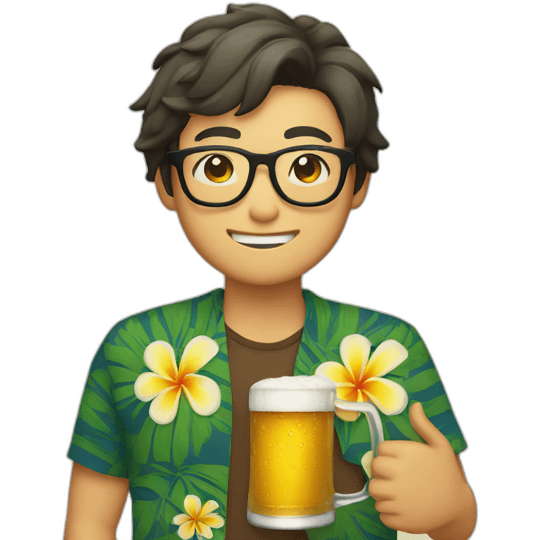 Japanese wearing glasses alohashirt is holding beer emoji