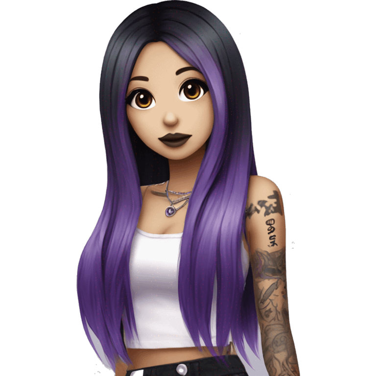 hime gyaru girl, long straight black and purple hair, tattoos, dark makeup,  emoji