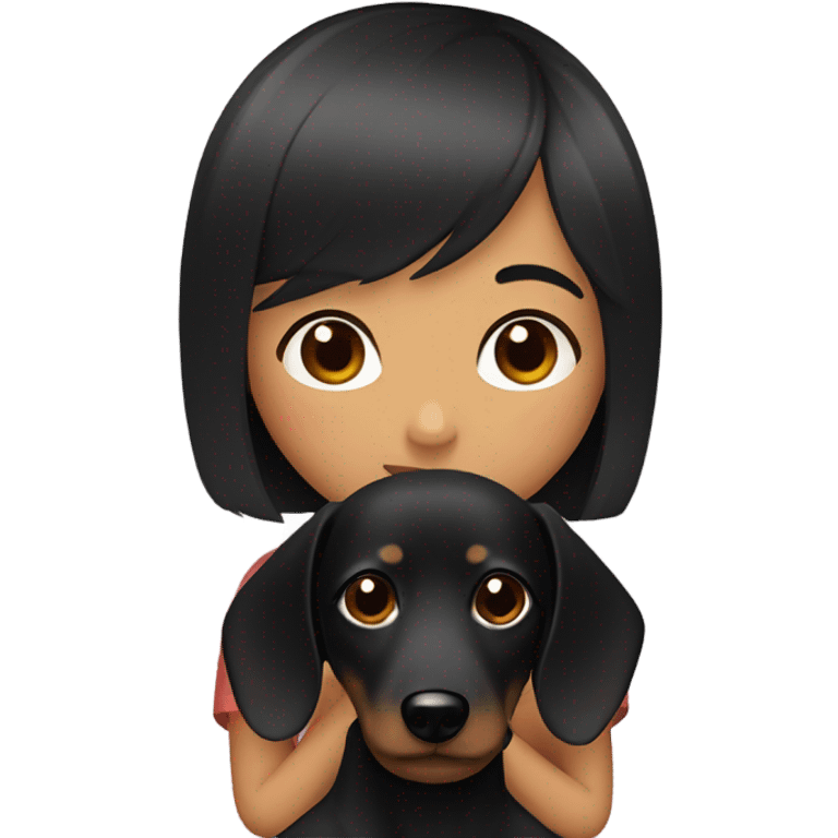 Asian woman with black bob bangs hugging black dachshund emoji