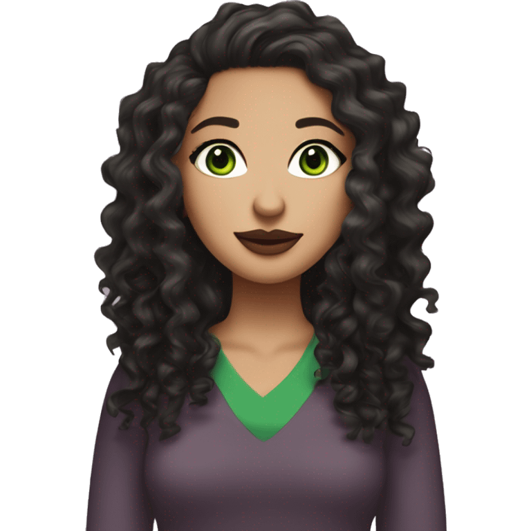 Create an emoji-style character of a white girl with green eyes, long black curly or wavy hair, wearing earrings. She has a green v-neck top, wears mascara, and is styled with mauve lipstick emoji