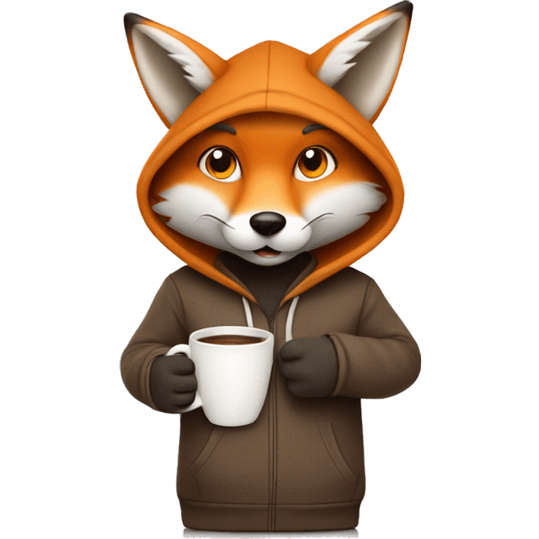 Fox wearing a hoodie and holding a cup of coffee emoji