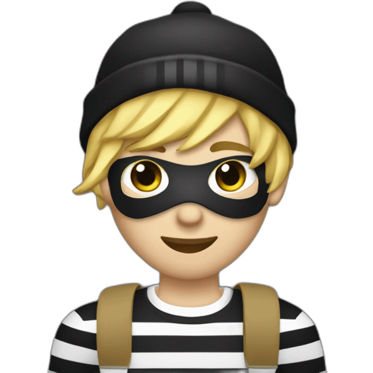 robber with blonde hair wearing a black beanie and a long sleeved white and black horizontally striped t-shirt and wearing black eye mask and holding a bag of money in their left shoulder emoji