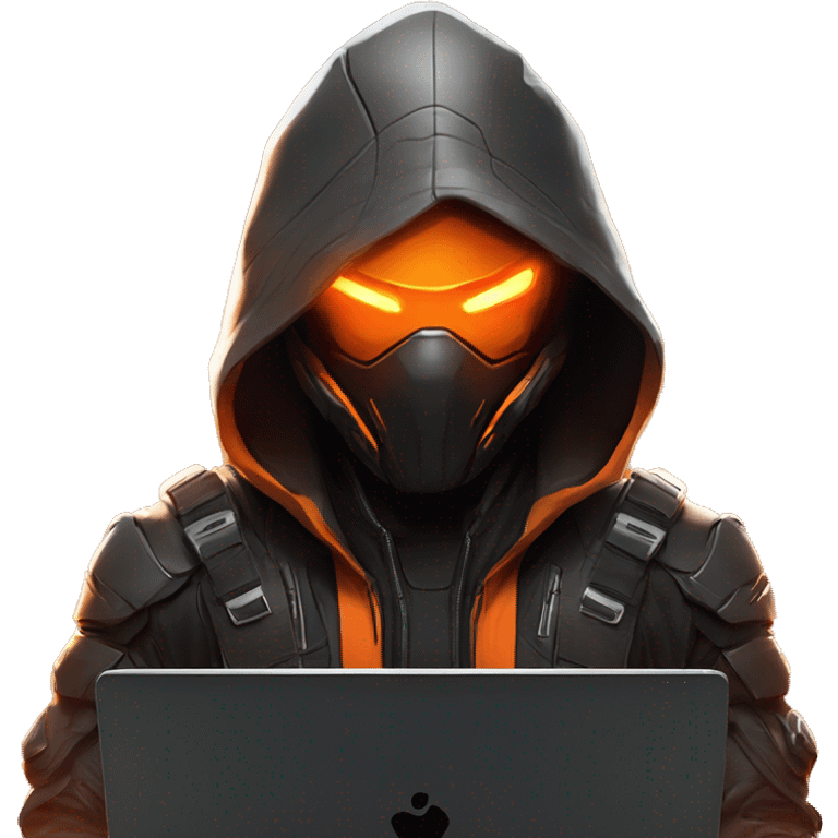  developer behind his laptop with this style : crysis Cyberpunk Valorant orange glowing bright orange character orange black hooded assassin themed character emoji