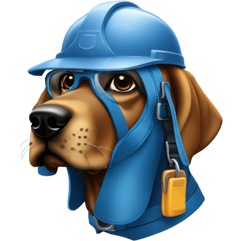 blue bloodhound with a hard hat a tool belt and protective glasses. emoji