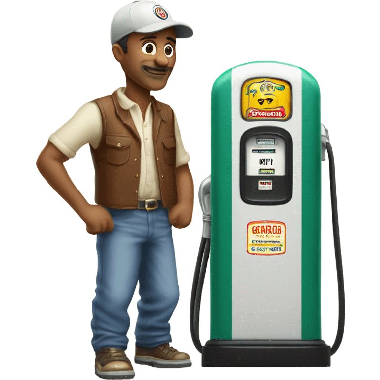 Middle aged man with ballcap standing next to vintage gas pump emoji