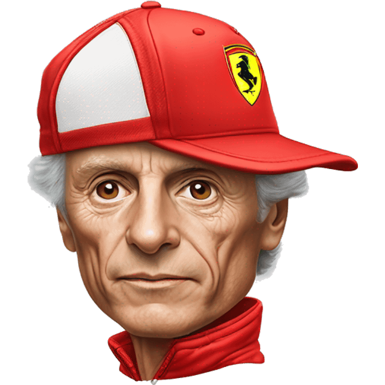 hyper realistic nikki lauda in ferrari gear with a red cap emoji