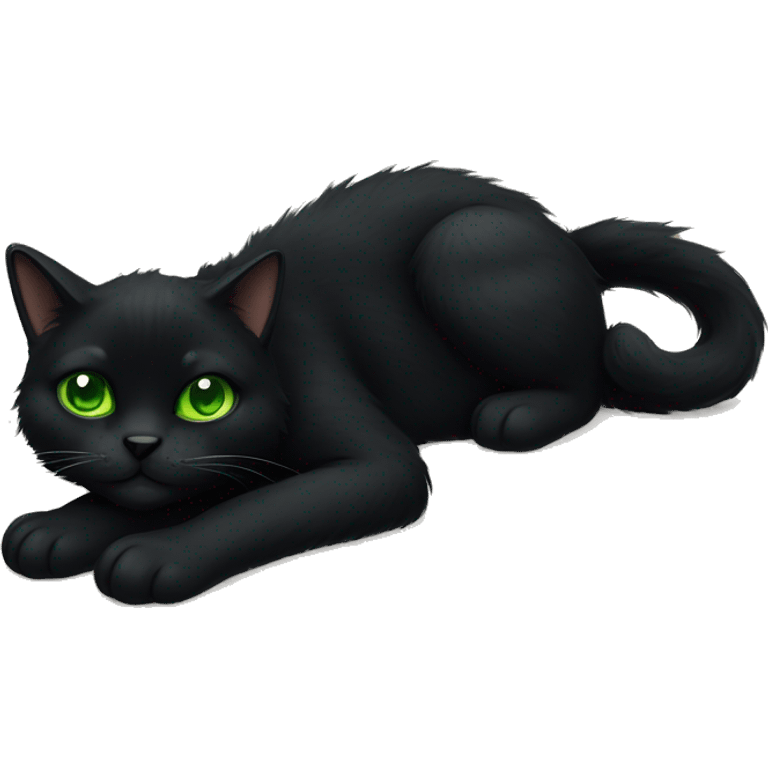 Black furry cat fully body laying down with green eyes emoji