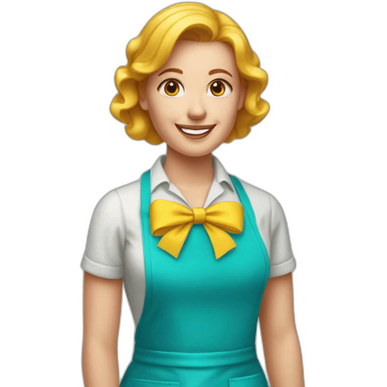 blonde woman with a red hair bow tie wearing a cyan colored apron and a yellow t-shirt emoji