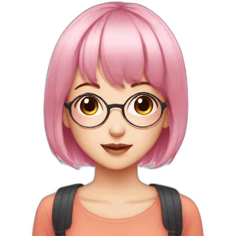 Cute anime girl with pink hair wearing glasses and with light makeup and short hair and bangs emoji