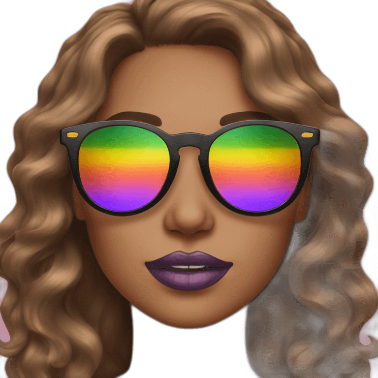 gay pride sunglasses on female head with wavy brown hair and rainbow lipstick emoji