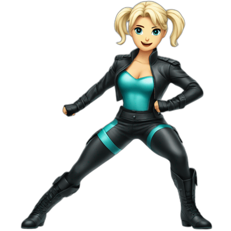 1 girl, leather suit, latex legwear, leather skirt, platinum blonde hair, ponytail, smirk, aqua eyes, leather boots Victory pose, Fighting stance emoji