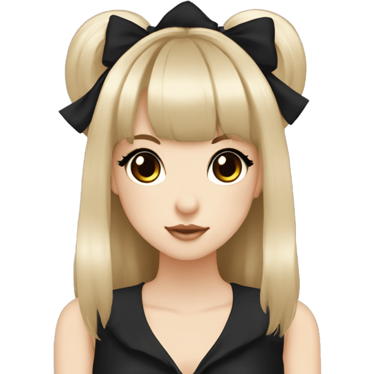 hime gyaru girl, light skin with brown eyes and black hair with bangs, bows, dark makeup, black shirt emoji