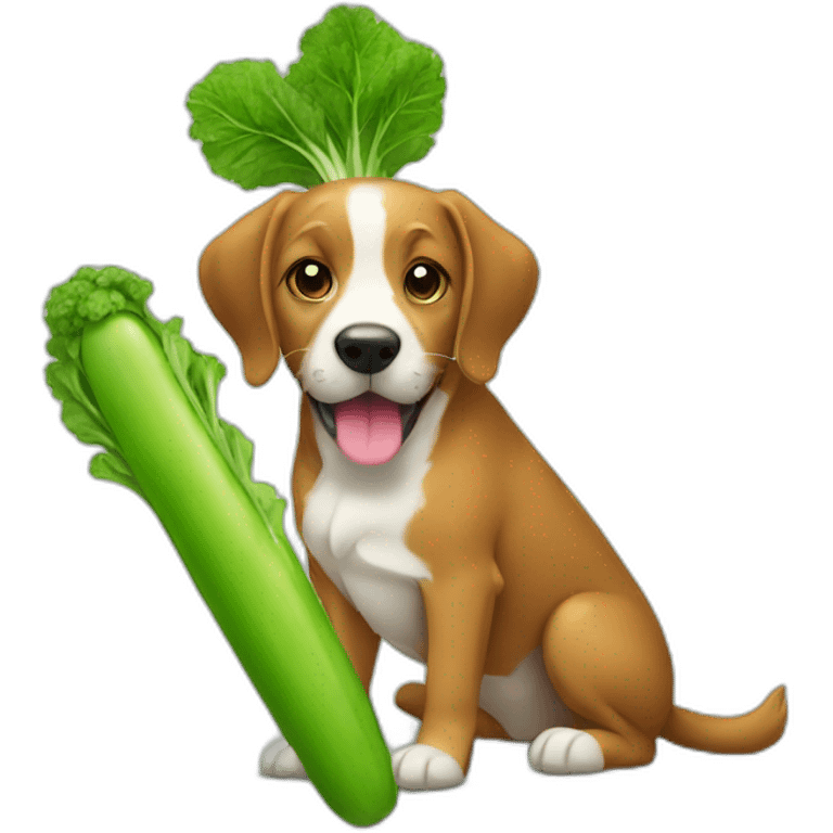 a dog eating a giant green carrot emoji