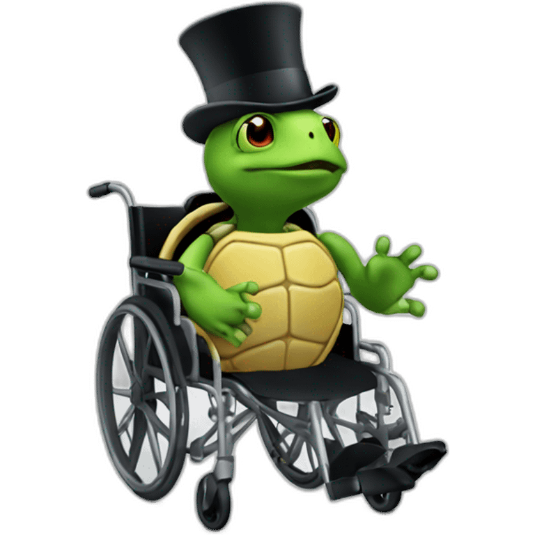 A turtle in a wheelchair wearing a top hat, no suit emoji