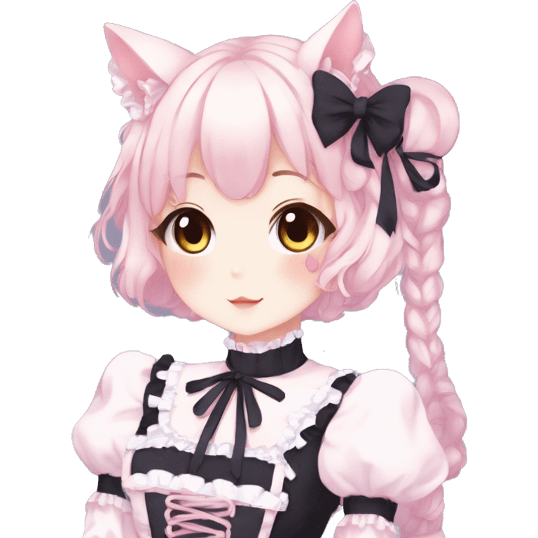 Gorgeous anime style catgirl with blushing face with maid outfit laces gothic Lolita idol model kawaiicore pastelcore cottagecore pearly petite simplistic aesthetic trending style emoji