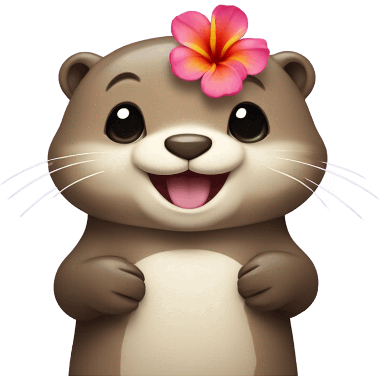 A happy and cute otter face with a Hawaiian flower tucked behind its ear, holding a heart. emoji