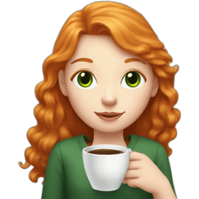 ginger girl with green eye holding a cat and a coffee emoji