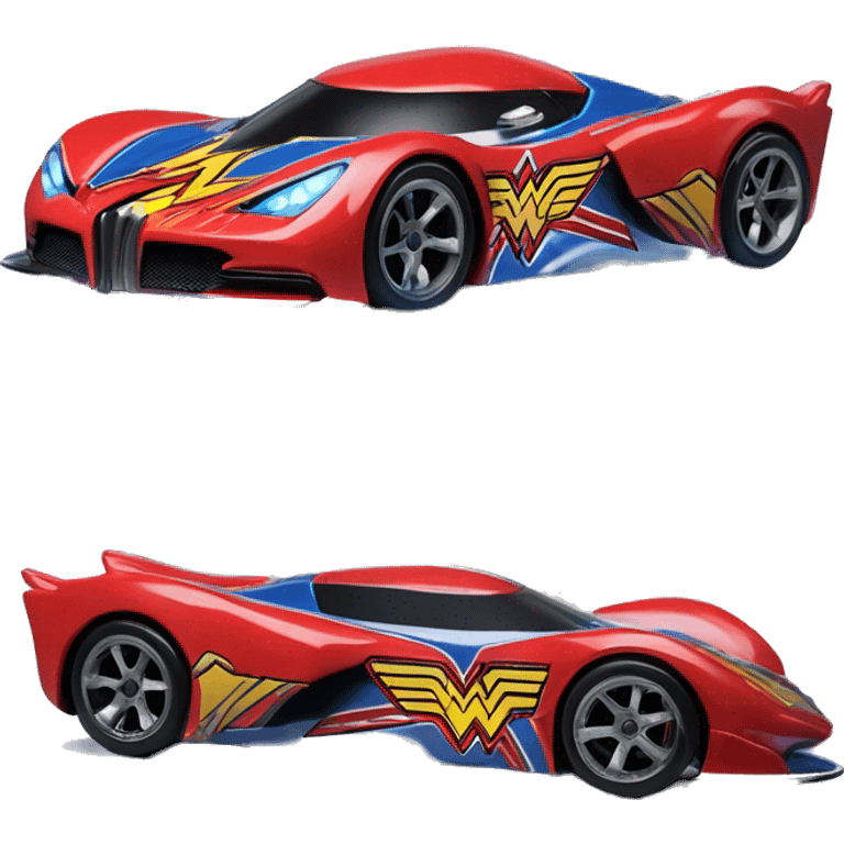 Side view Wonder Woman’s Hypercar hot wheels rc car with large bright headlights at night emoji