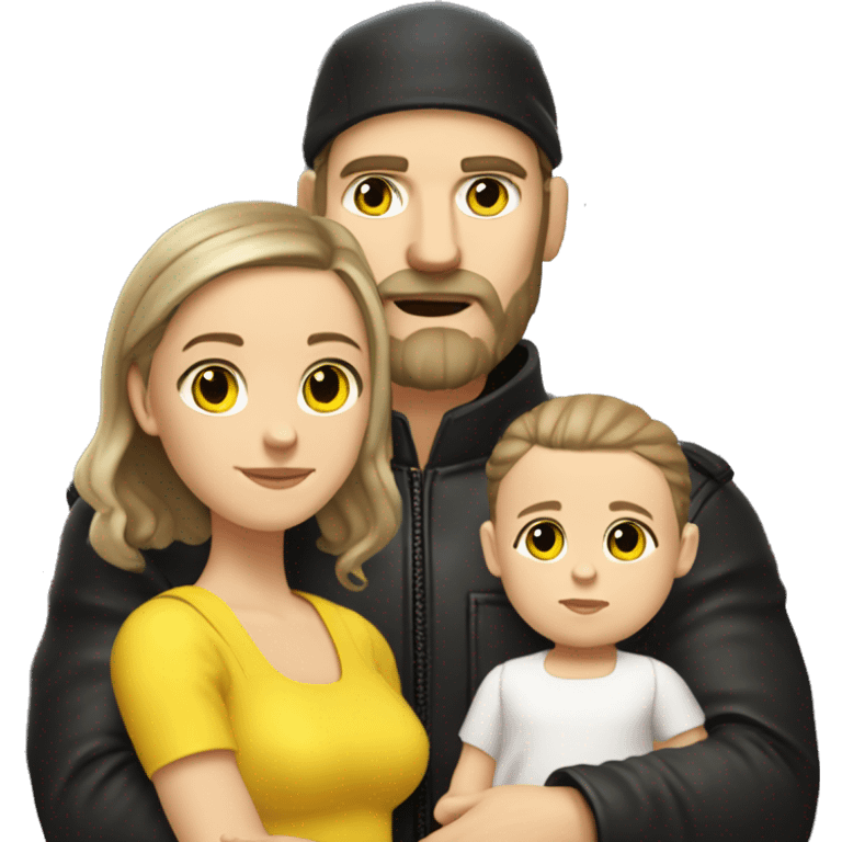 White-skinned slavic man with stubble, gray beard, brown hair, black eyes, black Reebok cap, leather jacket, holding infant girl in yellow dress with yellow bow. emoji