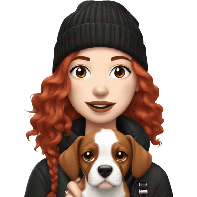 Long Red haired woman in beanie with septum piercing holding black and white English Staffordshire puppy emoji