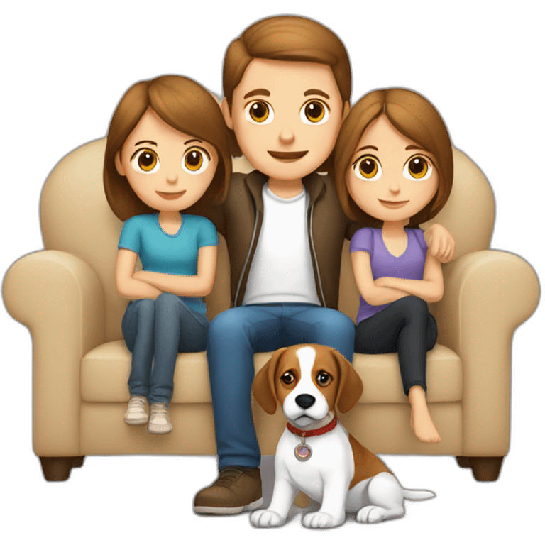 Brown hair White boy and girl and beagle Sit on couch emoji