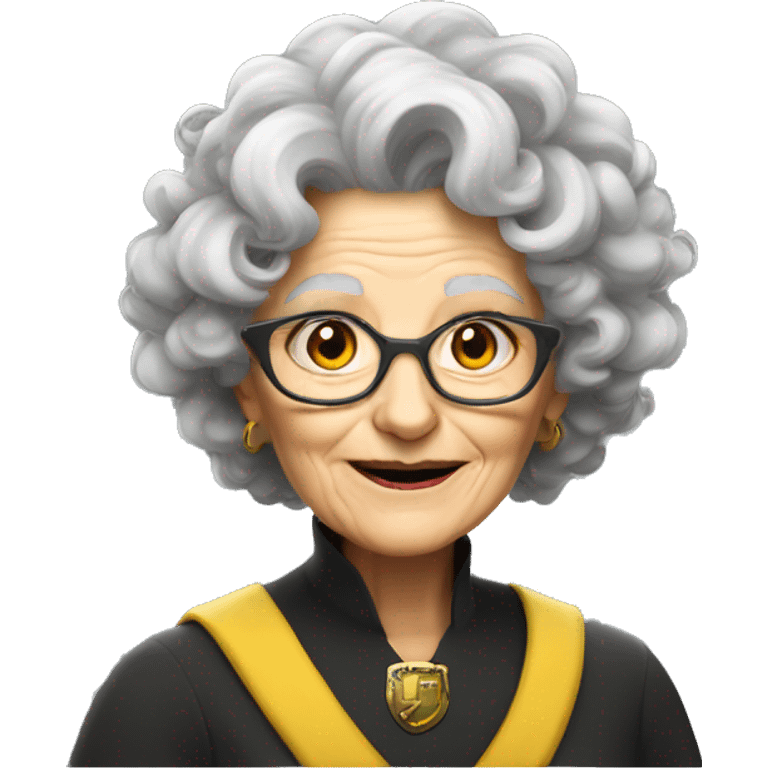 older woman with white skin, grey curly and wild hair, a magic hat, hufflepuff emoji