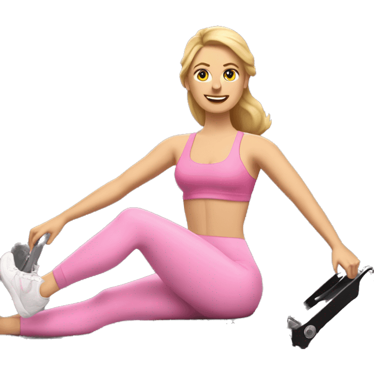 white woman on a pilates reformer machine, wearing a pink sports bra and pink leggings, also wearing a tiara  emoji