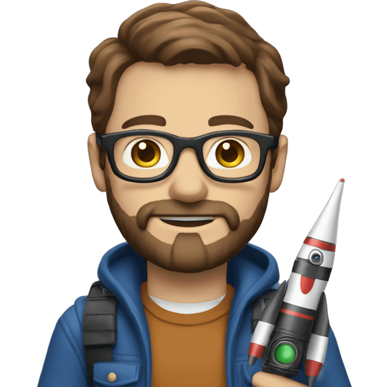 Man with glasses and brown hair and beard blue eyes, holding a camera, and a toy rocket emoji