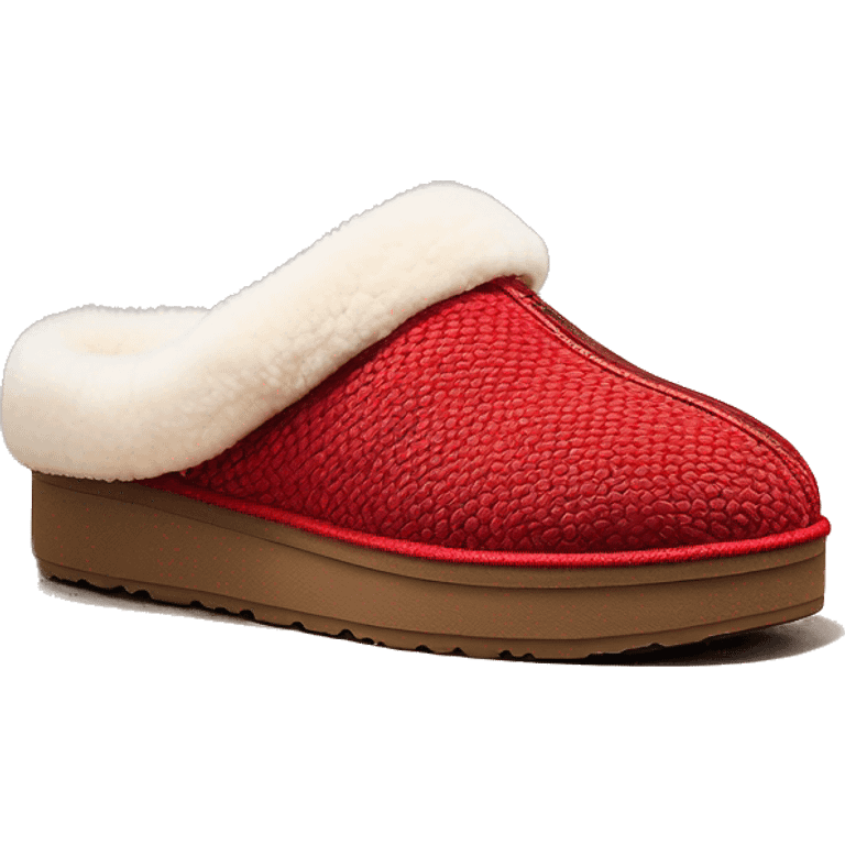 Chestnut colored low cut slip-on slippers with thin red woven zig-zag trim on the cuff, a red heel pull tab, and a thick platform sole. “UGG” emoji