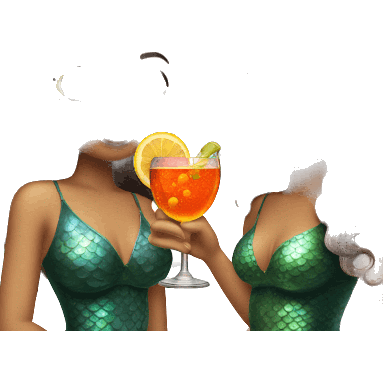 Three beautiful mermaids (light skin) drinking aperol emoji