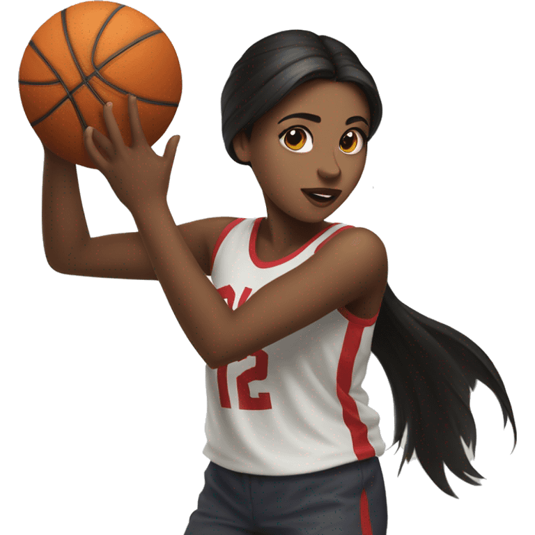 dark-haired girl throws a basketball into a hoop emoji