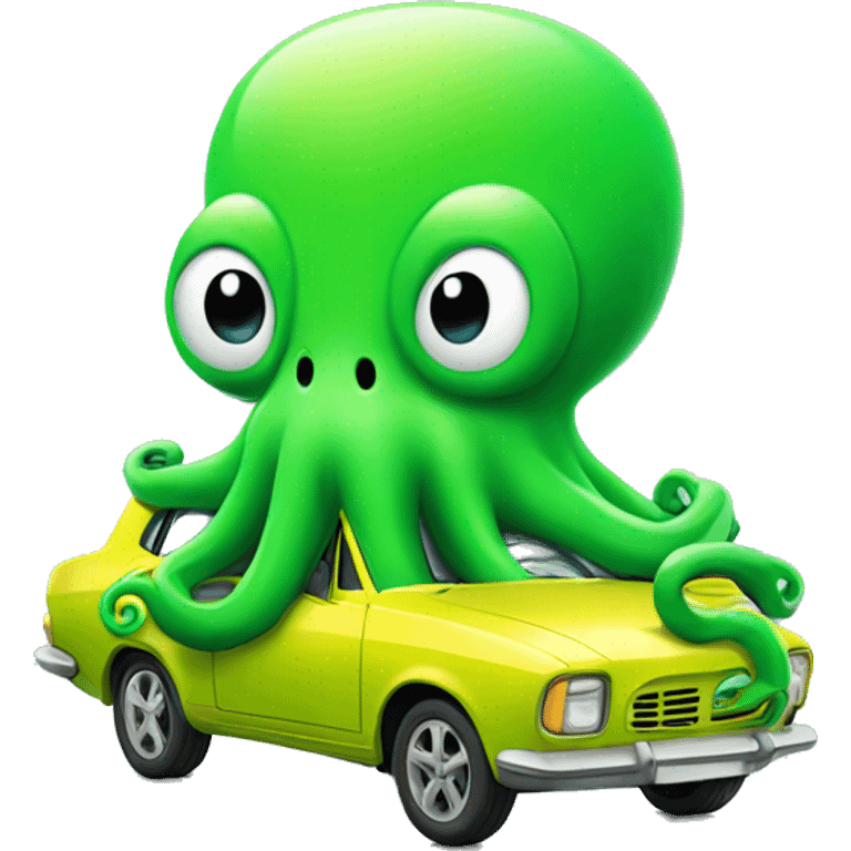 Octopus driving bright green car emoji