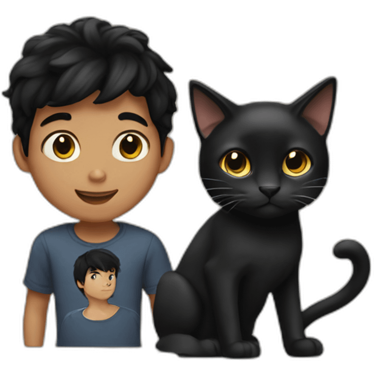 a black-haired boy with a black cat emoji