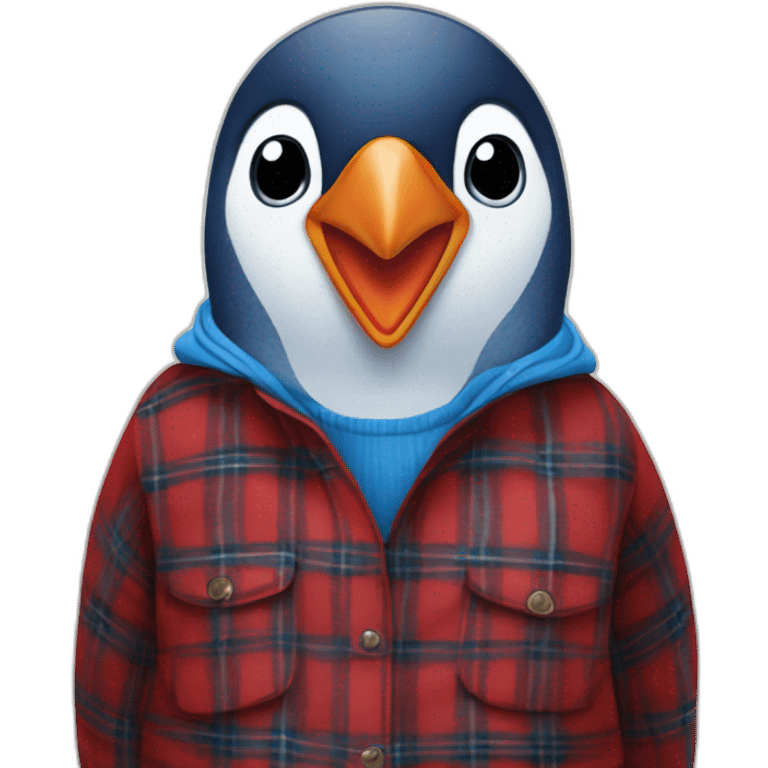 Blue penguin in a red tartan buttoned shirt emoji