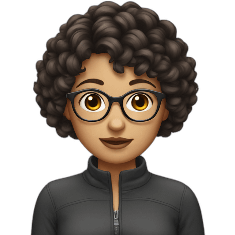 girl with short curly dark brown hair and bangs and thin glasses emoji