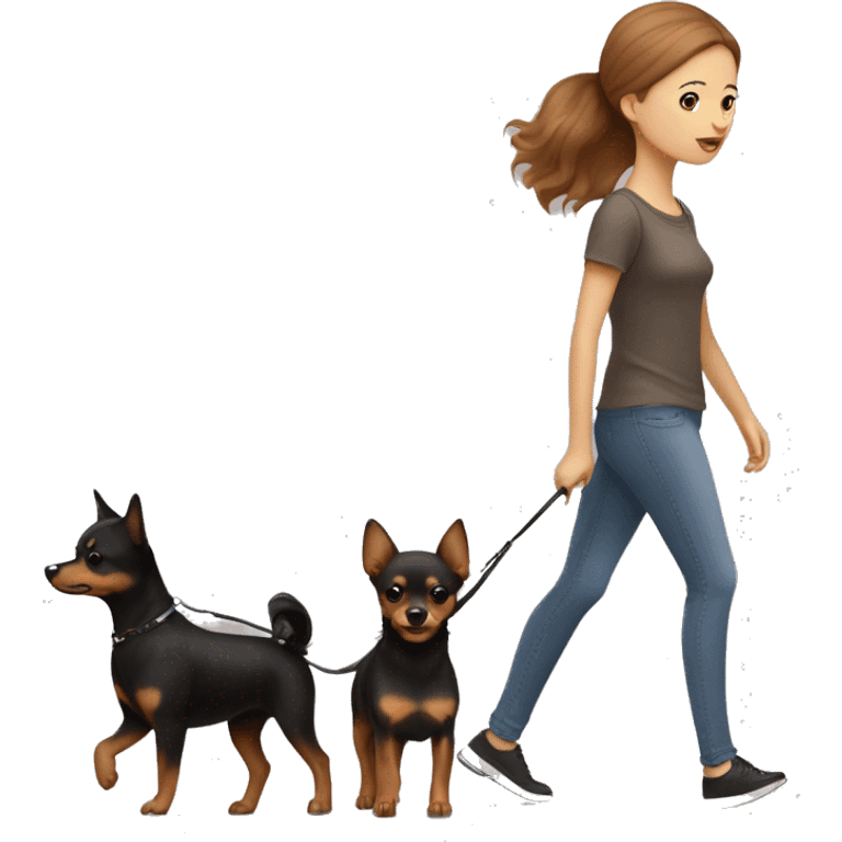 A light brown haired girl, walking one mini black and tan miniature Pinscher and one very big fluffy light brown Spitz on the lead emoji