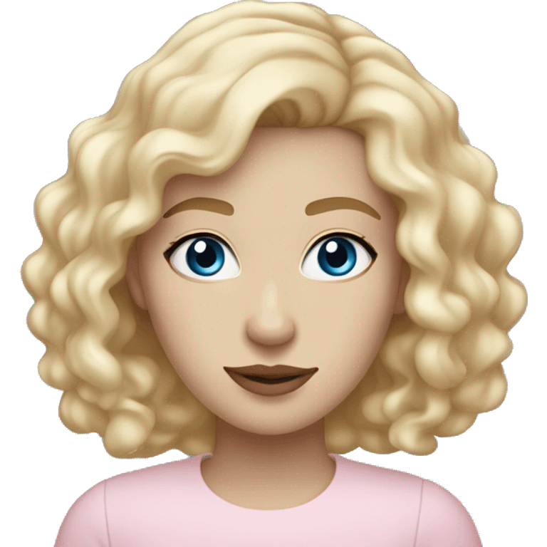 Pale white 25 year old woman with blue eyes, Long blonde and a little curly hair, light brown eyebrows, light pink lips emoji