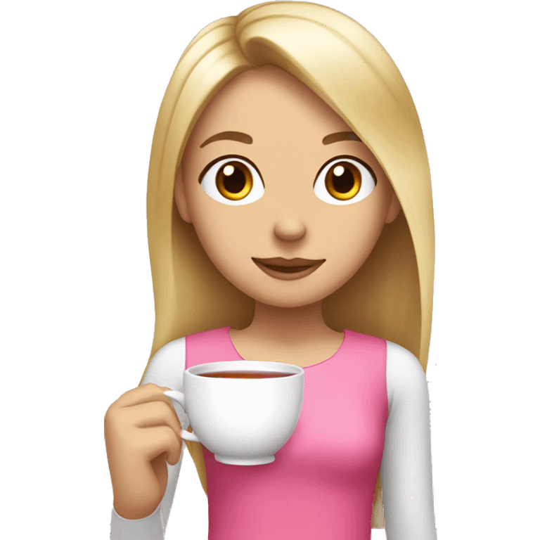 a blonde long straight hair girl with brown eyes has a pink bow on head and drink a cup of tea emoji