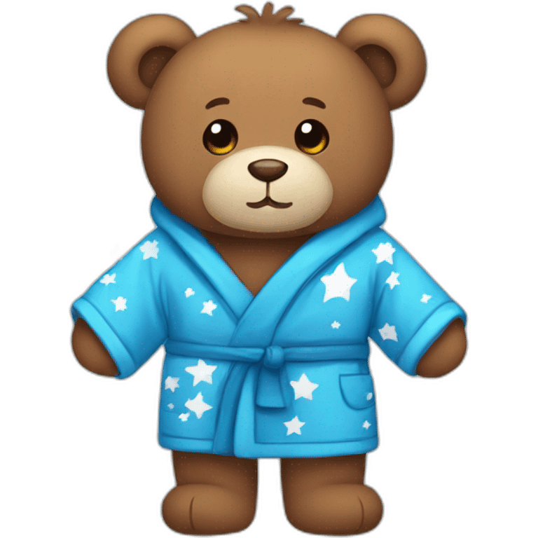 A brown teddy bear wearing a blue bathrobe with white stars emoji