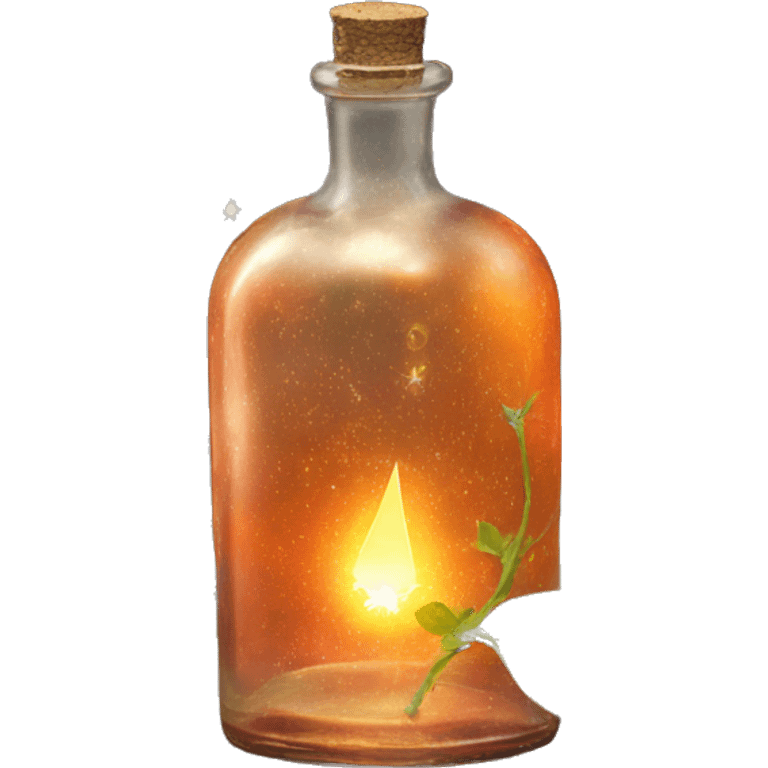 Orange magic fairy light sparkling old Antique bottle with poison and with herbal and flowers emoji